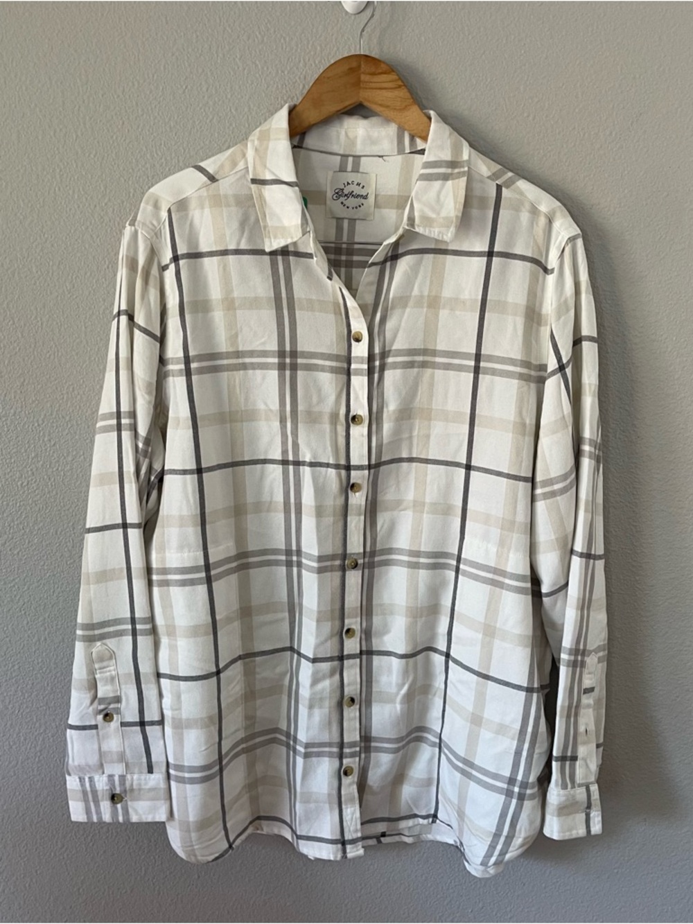 Jachs Girlfriend Women's Super Soft Flannel Shirt Plaid Ivory Size XL NWT